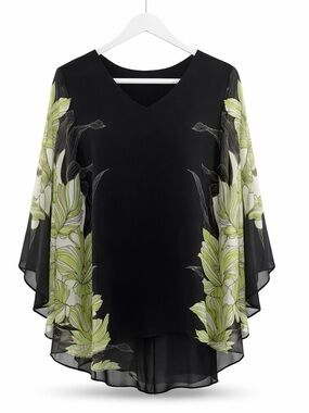 Joseph Ribkoff Black V-Neck Chiffon Tunic with Green Botanical Print